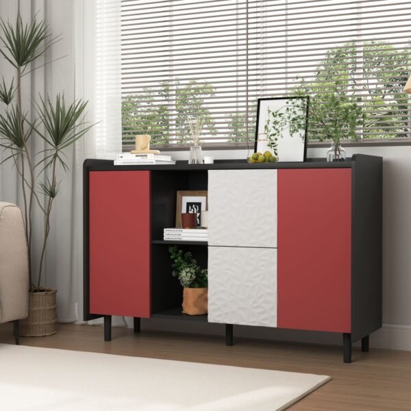 Modern Black Sideboard Buffet Cabinet with Red Doors – 2 Drawers, Open Storage, Kitchen Coffee Bar Cabinet