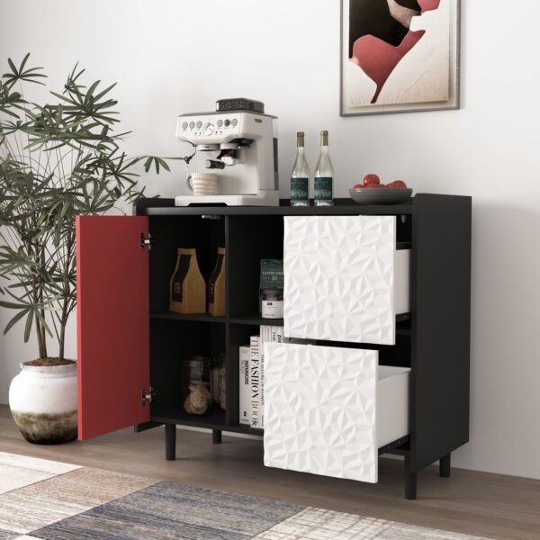 Black & Red Sideboard Buffet Cabinet – Modern Coffee Bar with Drawers, Shelves, & Doors, 35" Accent Storage Cabinet - Image 20