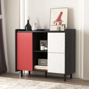 Black & Red Sideboard Buffet Cabinet – Modern Coffee Bar with Drawers, Shelves, & Doors, 35" Accent Storage Cabinet