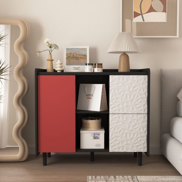 Black & Red Sideboard Buffet Cabinet – Modern Coffee Bar with Drawers, Shelves, & Doors, 35" Accent Storage Cabinet - Image 5