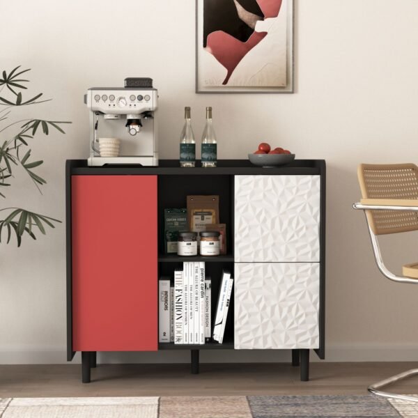 Black & Red Sideboard Buffet Cabinet – Modern Coffee Bar with Drawers, Shelves, & Doors, 35" Accent Storage Cabinet - Image 6