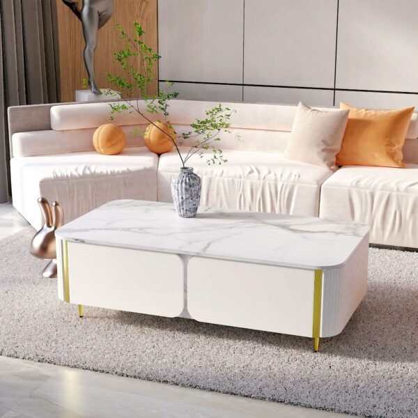 1pc Modern Luxury Coffee Table, 51.1" Rectangle Coffee Table with Drawer, Faux Marble Top, Curved Profile Design, Gold Metal Decor, Center Table for Living Room,Side Table for Apartment - Image 2