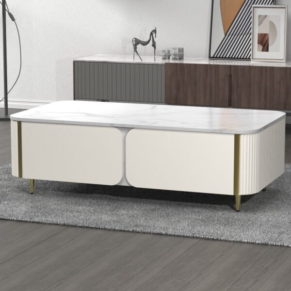 1pc Modern Luxury Coffee Table, 51.1" Rectangle Coffee Table with Drawer, Faux Marble Top, Curved Profile Design, Gold Metal Decor, Center Table for Living Room,Side Table for Apartment - Image 3