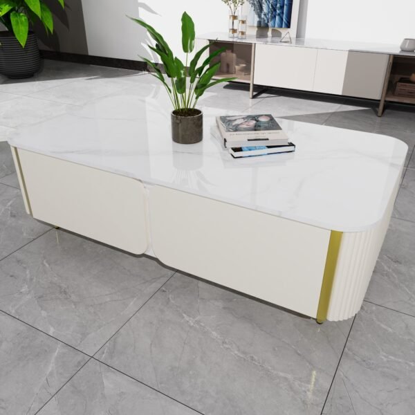 1pc Modern Luxury Coffee Table, 51.1" Rectangle Coffee Table with Drawer, Faux Marble Top, Curved Profile Design, Gold Metal Decor, Center Table for Living Room,Side Table for Apartment - Image 4