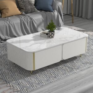 1pc Modern Luxury Coffee Table, 51.1" Rectangle Coffee Table with Drawer, Faux Marble Top, Curved Profile Design, Gold Metal Decor, Center Table for Living Room,Side Table for Apartment