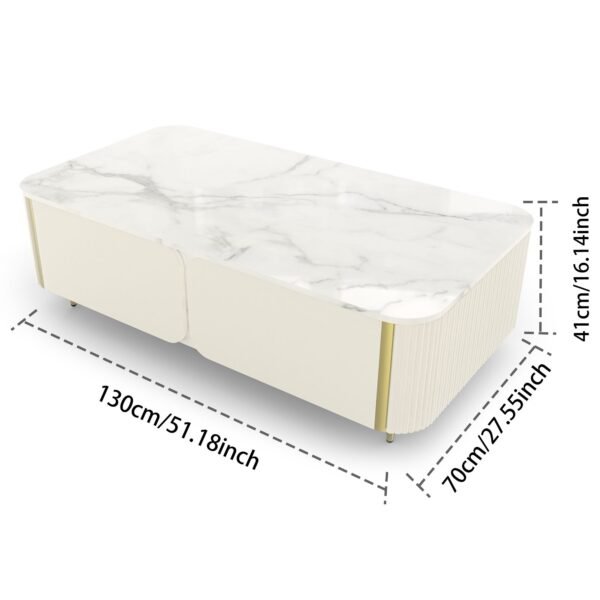 1pc Modern Luxury Coffee Table, 51.1" Rectangle Coffee Table with Drawer, Faux Marble Top, Curved Profile Design, Gold Metal Decor, Center Table for Living Room,Side Table for Apartment - Image 5