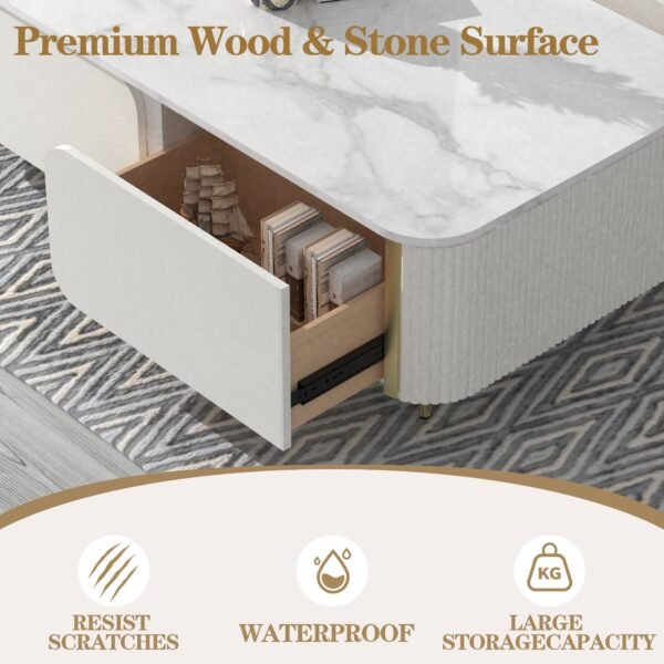 1pc Modern Luxury Coffee Table, 51.1" Rectangle Coffee Table with Drawer, Faux Marble Top, Curved Profile Design, Gold Metal Decor, Center Table for Living Room,Side Table for Apartment - Image 6