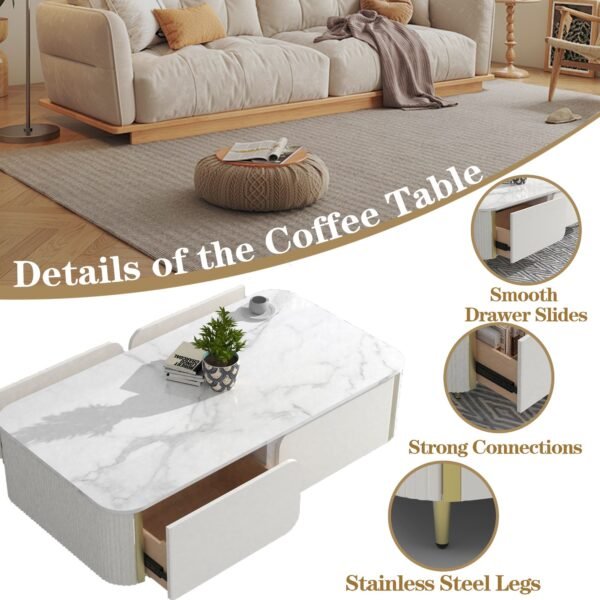 1pc Modern Luxury Coffee Table, 51.1" Rectangle Coffee Table with Drawer, Faux Marble Top, Curved Profile Design, Gold Metal Decor, Center Table for Living Room,Side Table for Apartment - Image 7