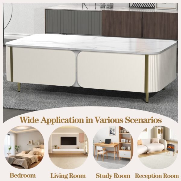 1pc Modern Luxury Coffee Table, 51.1" Rectangle Coffee Table with Drawer, Faux Marble Top, Curved Profile Design, Gold Metal Decor, Center Table for Living Room,Side Table for Apartment - Image 9