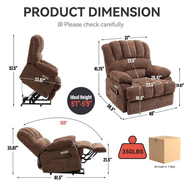 Brown Oversized Power Lift Recliner with Heat & Massage – 23" Seat Width, USB, 350 lbs Capacity - Image 2