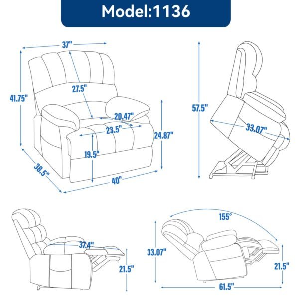 Brown Oversized Power Lift Recliner with Heat & Massage – 23" Seat Width, USB, 350 lbs Capacity - Image 3