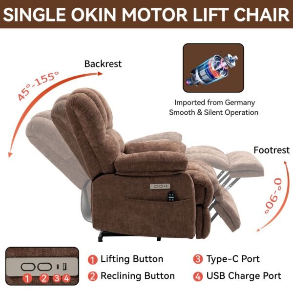 Brown Oversized Power Lift Recliner with Heat & Massage – 23" Seat Width, USB, 350 lbs Capacity - Image 5
