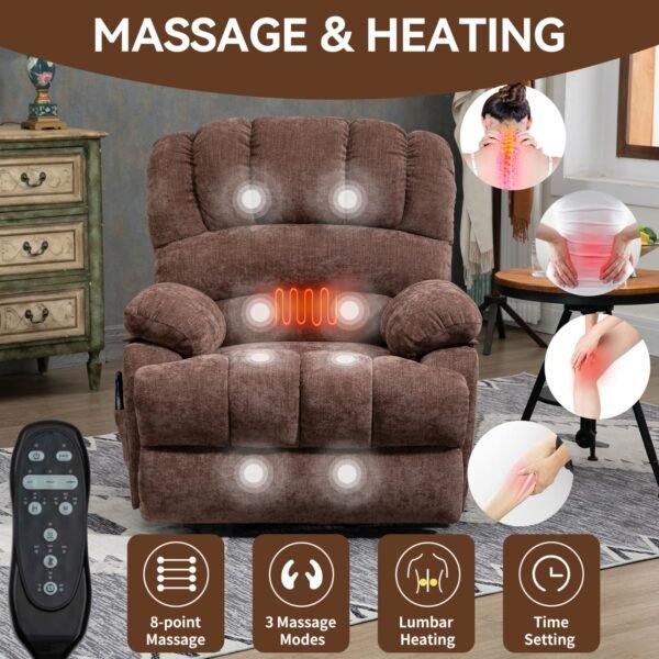 Brown Oversized Power Lift Recliner with Heat & Massage – 23" Seat Width, USB, 350 lbs Capacity - Image 6