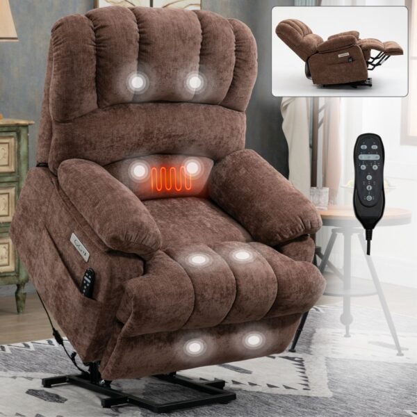 Brown Oversized Power Lift Recliner with Heat & Massage – 23" Seat Width, USB, 350 lbs Capacity