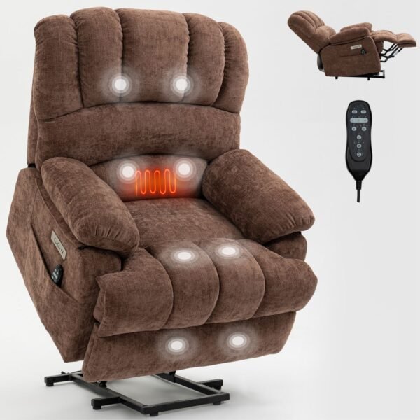 Brown Oversized Power Lift Recliner with Heat & Massage – 23" Seat Width, USB, 350 lbs Capacity - Image 10