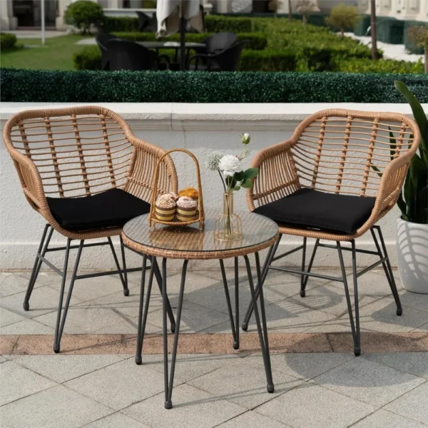 3-Piece PE Rattan Patio Bistro Set – Cushioned Chairs & Glass Top Table for Balcony or Garden
