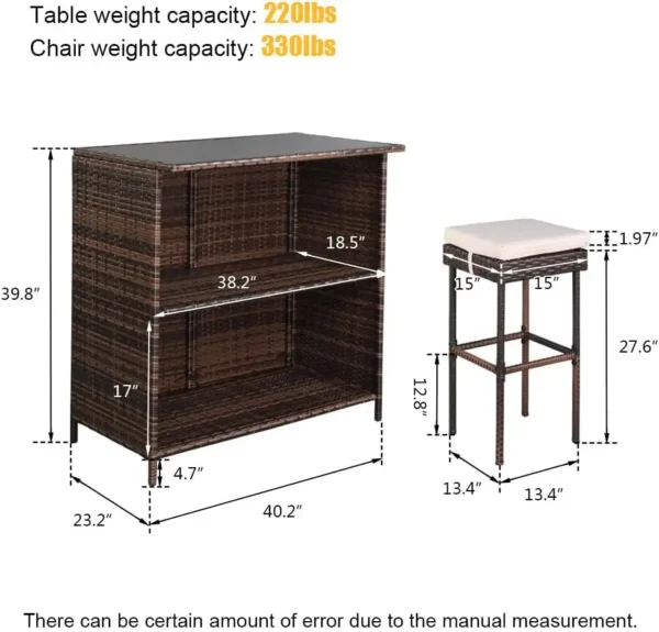 3-Piece Outdoor Rattan Bar Set with 40" Tempered Glass Top Table & 2 Stools – Brown Wicker Patio Bar Furniture - Image 2