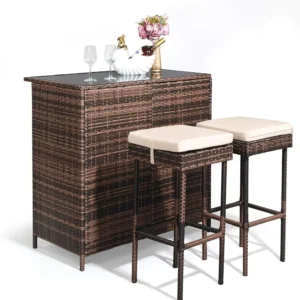 3-Piece Outdoor Rattan Bar Set with 40" Tempered Glass Top Table & 2 Stools – Brown Wicker Patio Bar Furniture