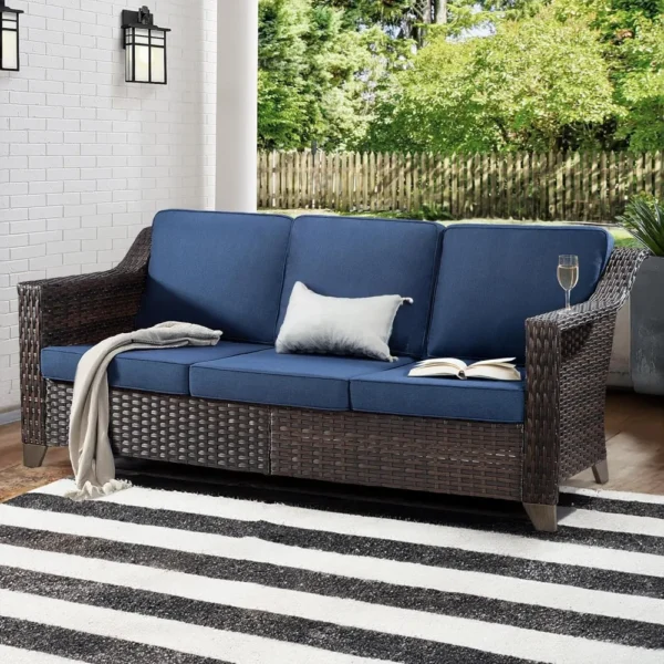 All-Weather Rattan Patio Sofa – 3-Seat High-Back Couch with Olefin Cushions - Image 3