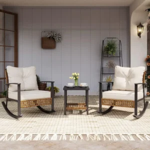 3-Piece Oversized Rocking Bistro Set – Beige Rattan Patio Furniture with Cushions & Coffee Table for Garden, Balcony, Backyard
