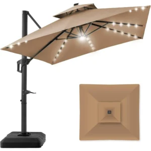 10x10ft Cantilever Patio Umbrella with Solar LED Lights & Fillable Base – Outdoor Offset Hanging Shade