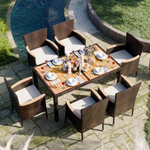 7-Piece Wicker Patio Dining Set with Acacia Wood Table & Cushioned Chairs – Outdoor Furniture for Garden, Patio, or Yard