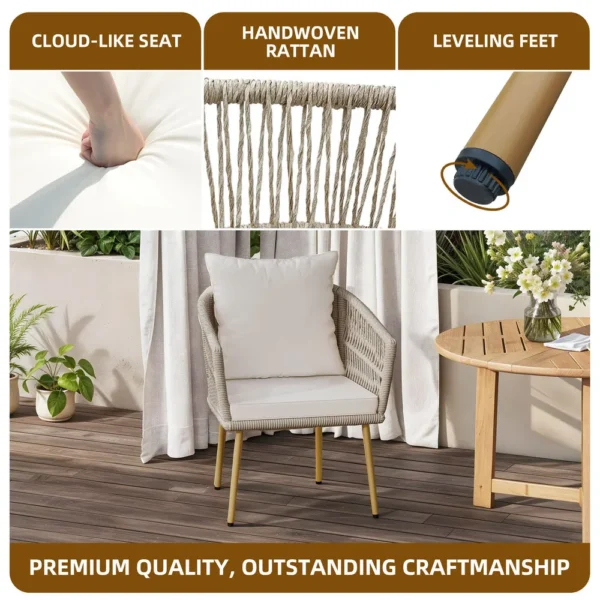 Outdoor Rattan Dining Armchair with Cushion – Beige Single Sofa Chair for Patio, Backyard, or Poolside - Image 3