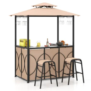 3-Piece Outdoor Patio Bar Set with Grill Gazebo & Glass Table – 2 Stools, Storage Shelves, & Canopy, Brown