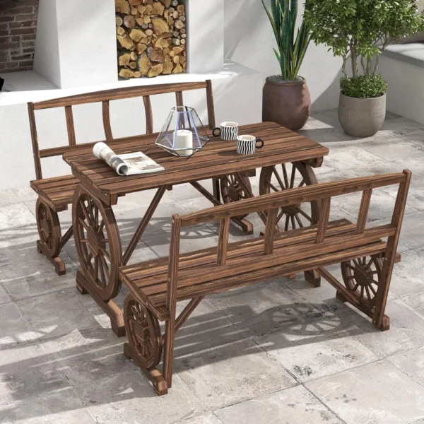 Rustic 3-Piece Outdoor Wooden Dining Set – Wagon Wheel Table & Benches for 4 People, All-Weather Patio Furniture - Image 2
