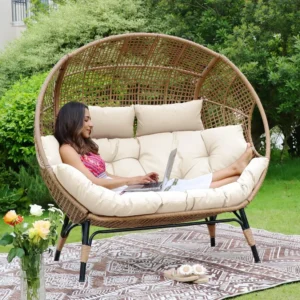 Oversized Double Egg Chair for Patio – 2-Person Wicker Lounge with Thick Cushions, 680 Lbs Capacity