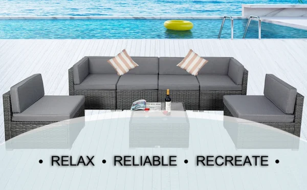 7-Piece Modular Outdoor Patio Furniture Set – Light Gray PE Rattan Wicker Sofa with Cushions, Coffee Table & Pillows - Image 7