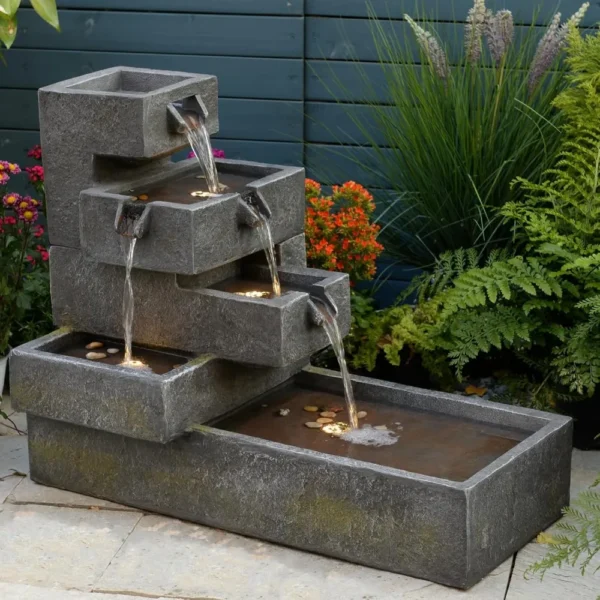 Modern Tiered Water Fountain – 47" Resin Outdoor & Indoor Cascade with LED Lights & Pump