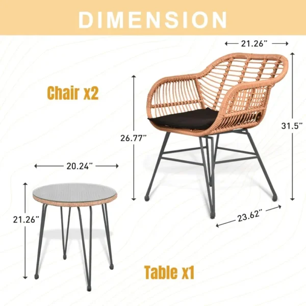 3-Piece PE Rattan Patio Bistro Set – Cushioned Chairs & Glass Top Table for Balcony or Garden - Image 4