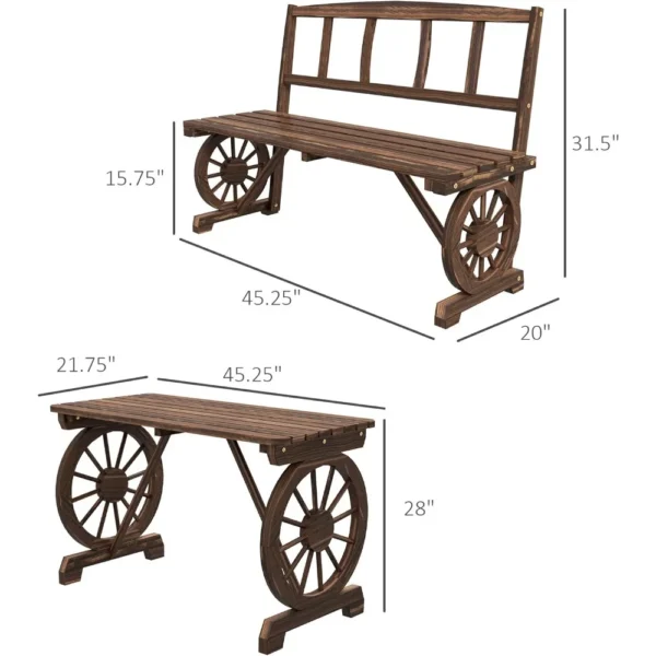 Rustic 3-Piece Outdoor Wooden Dining Set – Wagon Wheel Table & Benches for 4 People, All-Weather Patio Furniture - Image 3