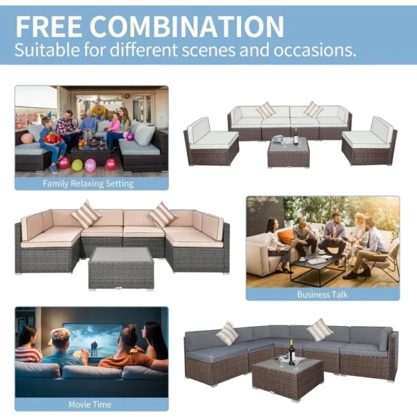 7-Piece Modular Outdoor Patio Furniture Set – Light Gray PE Rattan Wicker Sofa with Cushions, Coffee Table & Pillows - Image 6