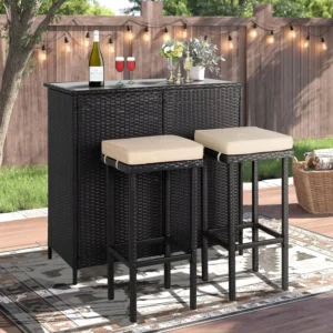 3-Piece Outdoor Wicker Bar Set with Glass Top Table & Umbrella – Patio Bistro Set with 2 Stools, Brown Rattan