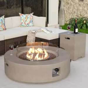 40" Round Outdoor Propane Fire Pit Table – Low Profile Modern Patio Fireplace with Hidden Tank Cover
