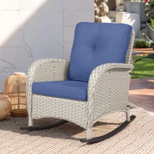 Outdoor Wicker Rocking Chair with Cushion – PE Rattan Porch Rocker for Patio & Balcony, 300 Lb Capacity