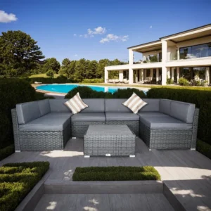 7-Piece Modular Outdoor Patio Furniture Set – Light Gray PE Rattan Wicker Sofa with Cushions, Coffee Table & Pillows