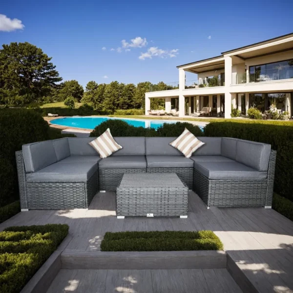 7-Piece Modular Outdoor Patio Furniture Set – Light Gray PE Rattan Wicker Sofa with Cushions, Coffee Table & Pillows
