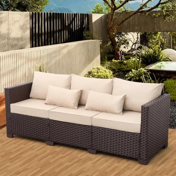 Wicker Outdoor Patio Sofa – 76" Garden Couch with Cushions & Lumbar Pillows - Image 3
