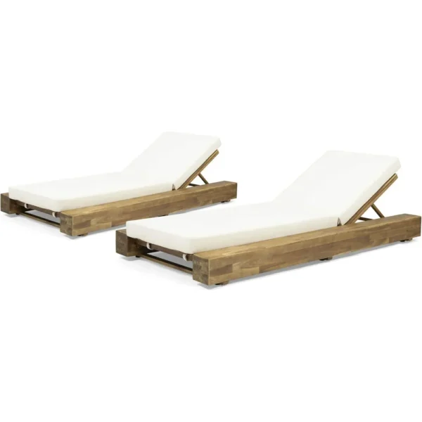Set of 2 Outdoor Acacia Wood Chaise Lounge Chairs with Cushions – Adjustable Reclining Deck Chairs, Cream - Image 2