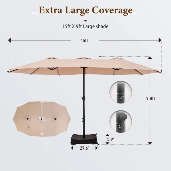 15 Ft Double-Sided Patio Umbrella with Base – Extra Large UV-Resistant Outdoor Shade - Image 11