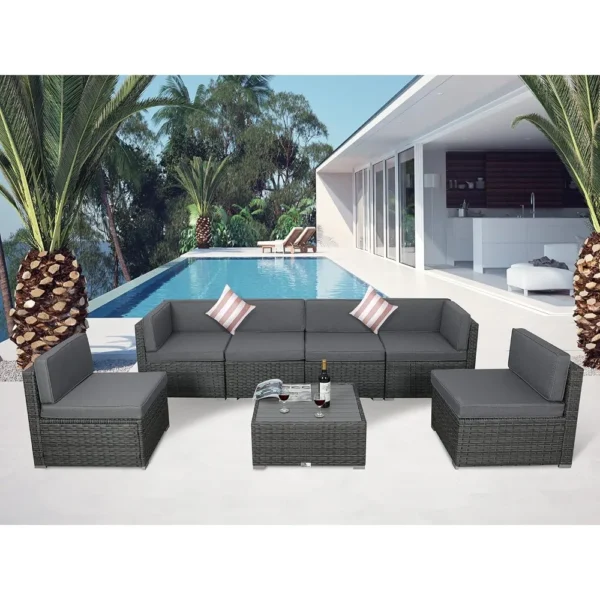 7-Piece Modular Outdoor Patio Furniture Set – Light Gray PE Rattan Wicker Sofa with Cushions, Coffee Table & Pillows - Image 2