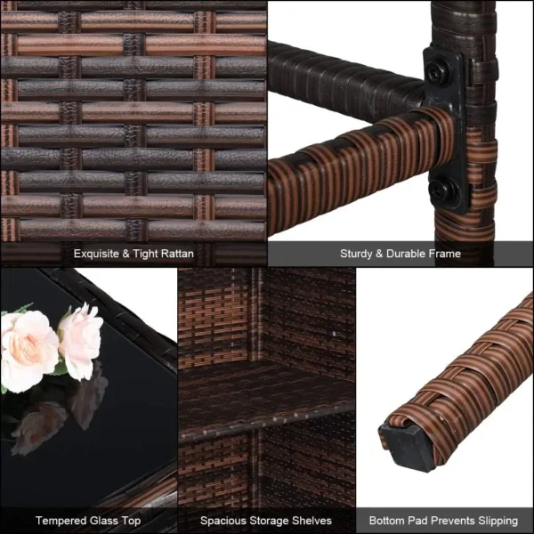 3-Piece Outdoor Rattan Bar Set with 40" Tempered Glass Top Table & 2 Stools – Brown Wicker Patio Bar Furniture - Image 6