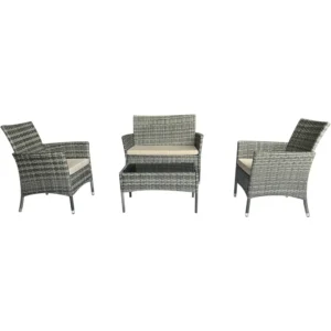 4 Piece Patio Furniture Sets Sectional Table Chair, Wicker Sofa with Armrest Chair Loveseat and Rattan Side Table, Outdoor Patio