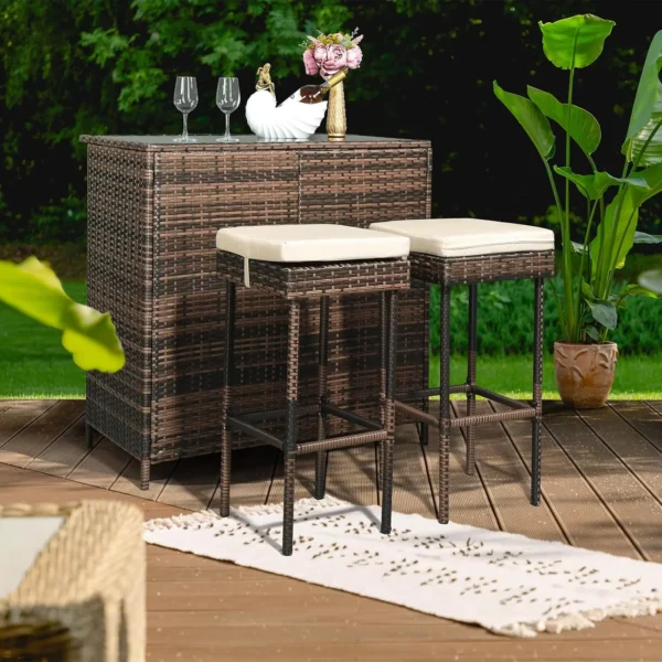 3-Piece Outdoor Rattan Bar Set with 40" Tempered Glass Top Table & 2 Stools – Brown Wicker Patio Bar Furniture - Image 9