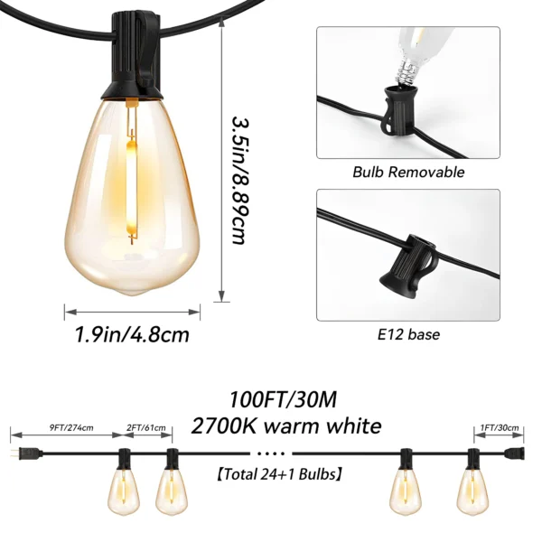 TJOY Outdoor String Lights – Dimmable Retro LED Bulbs, Waterproof, UL Certified (2700K Warm White, Connectable, IP44) - Image 2