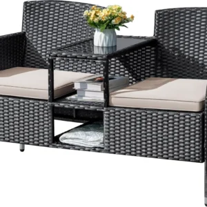 2-Seat Outdoor Wicker Patio Loveseat with Built-in Table & Cushions – Balcony & Porch Bench