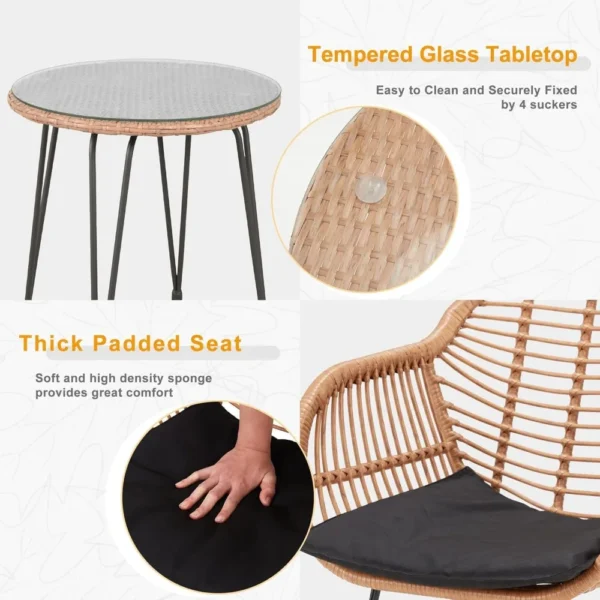 3-Piece PE Rattan Patio Bistro Set – Cushioned Chairs & Glass Top Table for Balcony or Garden - Image 5